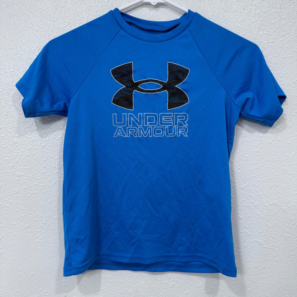 Under Armour HeatGear Blue Camo Logo Short Sleeve T Shirt Kids YSM